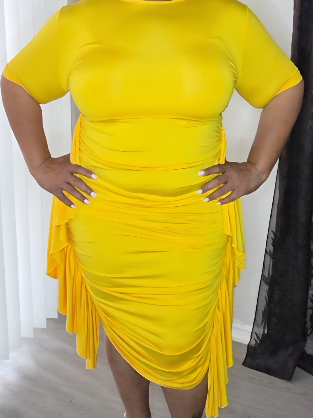 Yellow Ruched Draped Short-Sleeve Dress